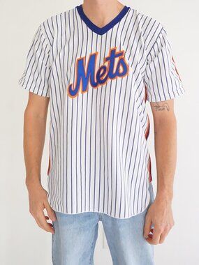Vintage New York Mets White Blue Orange Pinstripe MLB Baseball Athletic Jersey L